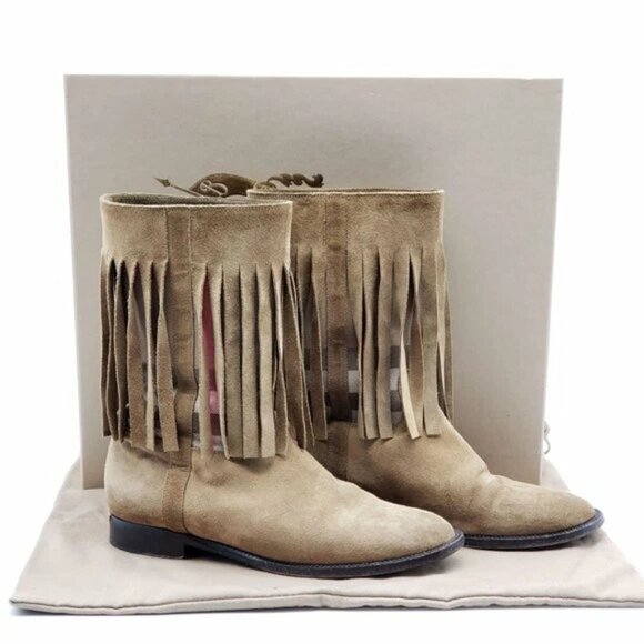 100% Authentic Burberry Light Brown Suede Norland Fringed Boots 260-082925 - Picture 1 of 12